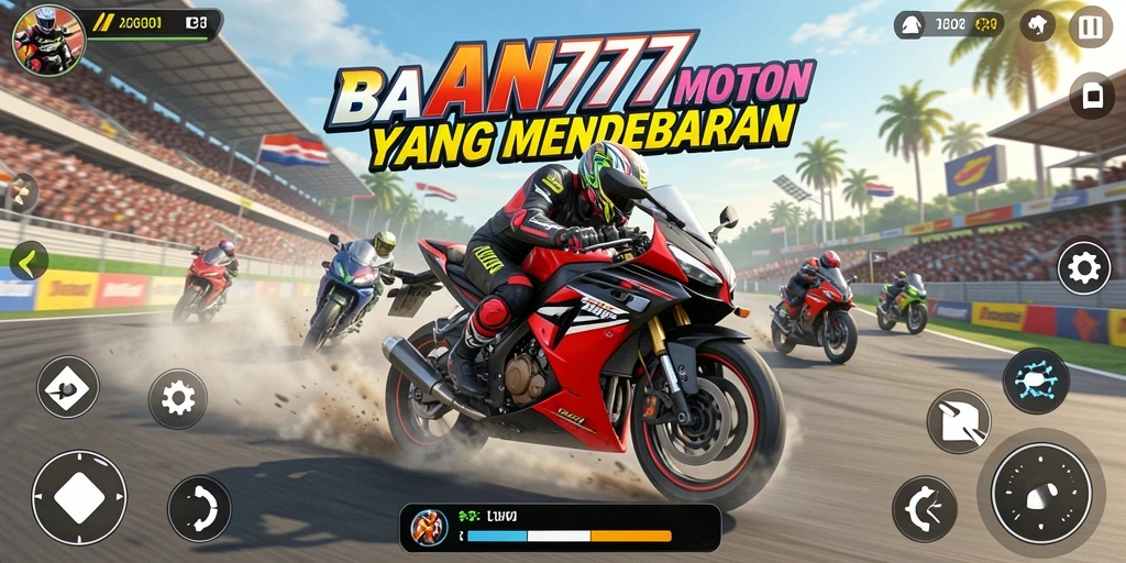 Screenshot gameplay AN777 yang menunjukkan aksi balapan motor yang mendebarkan.