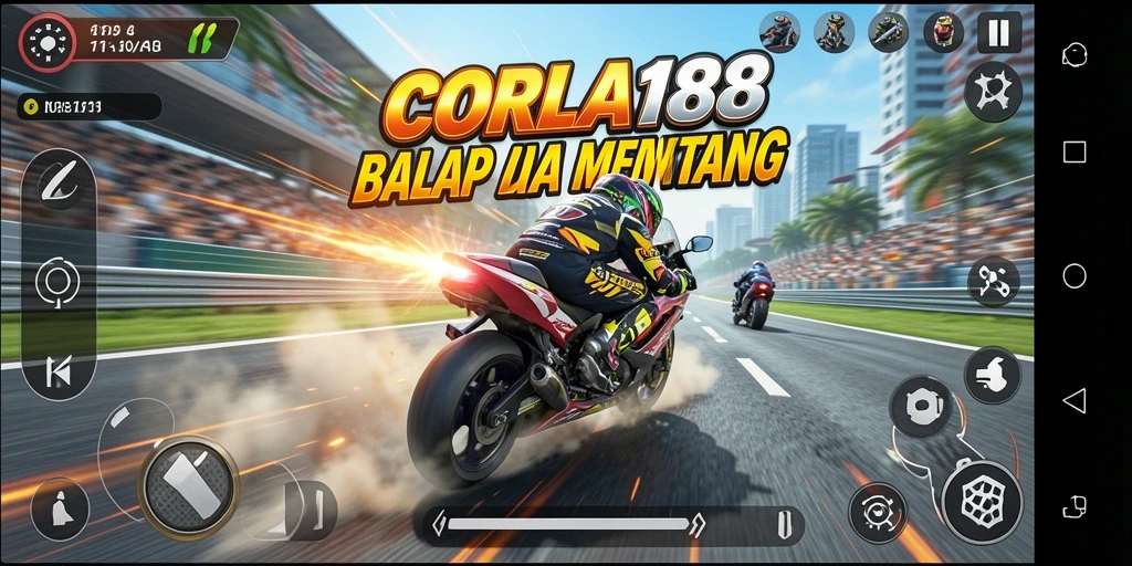 Tangkapan layar gameplay <strong>CORLA188</strong> menampilkan aksi balap motor yang mendebarkan.