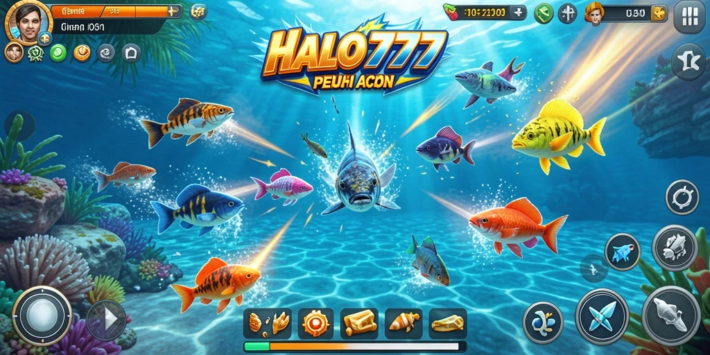 Tampilan screenshot game HALO777 dengan aksi menembak ikan yang seru.