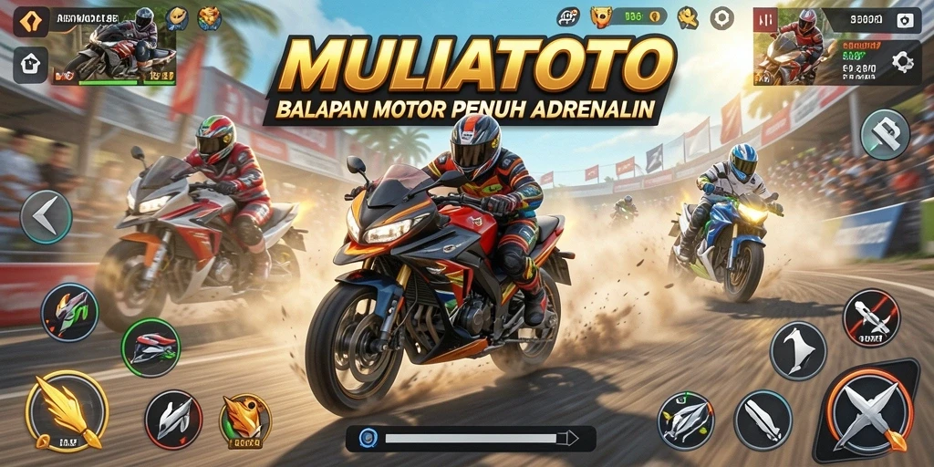 Screenshot gameplay menampilkan aksi balapan motor yang seru.