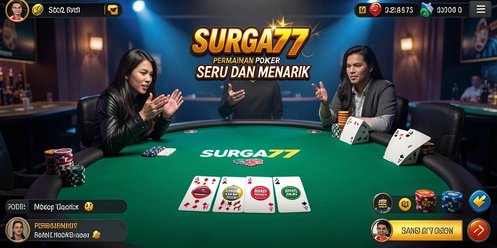 Screenshot utama SURGA77 menampilkan aksi poker yang mendebarkan.